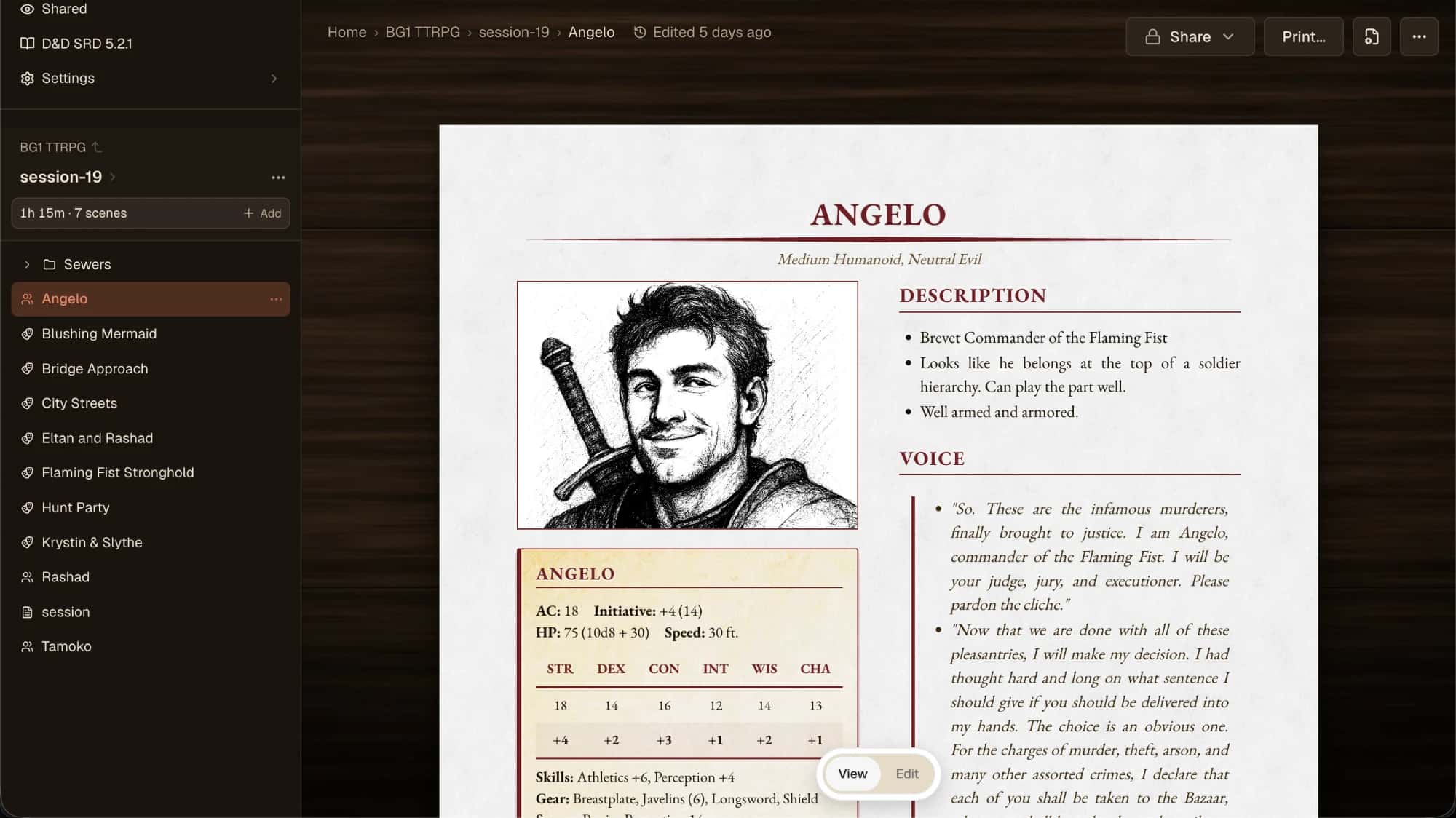 Screenshot of the Dunjii app on the walnut desk: an NPC page for Angelo, with a portrait, a stat block, and lines of dialogue.